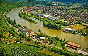 Germany, Bad Wimpfen. Aerial view of town and Neckar River