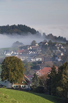 Germany, Baden-Wurttemburg, Black Forest, Horben, town view in morning fog, autumn
