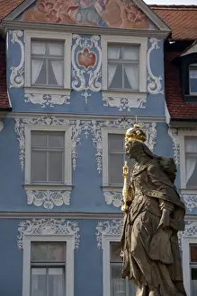 Royalty Prints: Germany, Bamberg. Royal statue of Kaiserin Kunigund in front of ornate blue & white