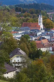 Deutschland Prints: Germany, Bavaria, Bad Tolz, elevated town view from the Kalvarienberg, dusk