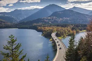 Images Dated 10th October 2014: Germany, Bavaria, Fall, Fallerklamm Bridge over the Sylvenstein Lake, elevated view, fall