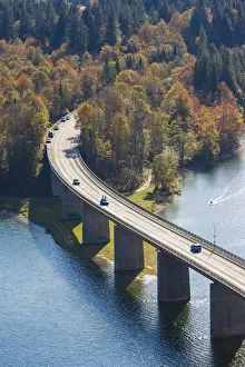 Images Dated 10th October 2014: Germany, Bavaria, Fall, Fallerklamm Bridge over the Sylvenstein Lake, elevated view, fall