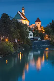 Deutschland Prints: Germany, Bavaria, Fussen, Franciscan Abbey church and Lech River, evening