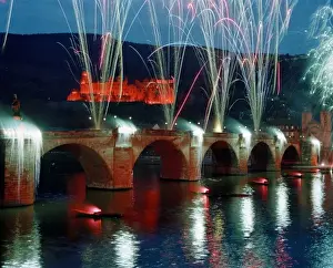 Burning Prints: Germany, Bavaria, Heidelberg. Fireworks help commemorate the Burning of the Schloss in Heidelberg
