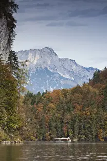 Germany, Bavaria, Konigsee, electrically powered lake tour boats, fall