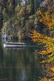 Konigsee Prints: Germany, Bavaria, Konigsee, electrically powered lake tour boats, fall