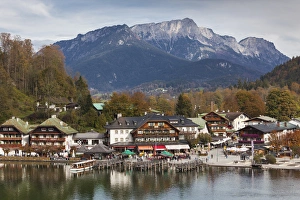 Konigsee Prints: Germany, Bavaria, Konigsee, village by Konigsee Lake, elevated viillage view, fall