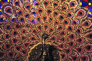 Germany, Bavaria, Linderhof Castle. The wildly-colored peacock throne at Linderhof