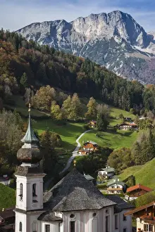 Deutschland Prints: Germany, Bavaria, Maria Gern, Maria Gern village church, elevated view, fall