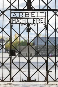 Deutschland Prints: Germany, Bavaria, Munich-Dachau, WW-2 era Nazi concentration camp, entrance gate