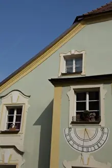 Sun Dial Prints: Germany, Bavaria, Passau. Historic sundial painted on wall