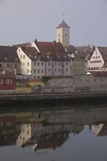 Germany, Bavaria, Regensburg. Early morning medieval city views from the Danube River