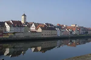 Riverfront Prints: Germany, Bavaria, Regensburg. Early morning medieval city views from the Danube River