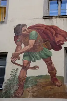 David Prints: Germany, Bavaria, Regensburg. Historic 13th century frescos on the David & Goliath House
