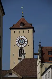 Images Dated 19th September 2009: Germany, Bavaria, Regensburg. Historic clock tower