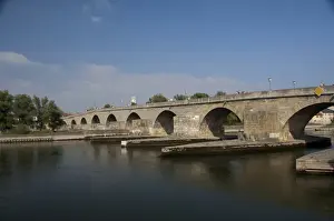 12th Century Prints: Germany, Bavaria, Regensburg. Historic landmark 12th century Stone Bridge