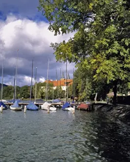 Tegernsee Prints: Germany, Bavaria, Tegernsee. Sail boats are covered against inclement weather near