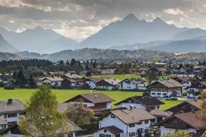 Deutschland Prints: Germany, Bavaria, Vorderriss, elevated town view with Alps