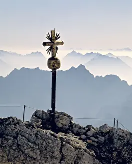 Zugspitze Prints: Germany, Bavaria, Zugspitze. A beautiful cross marks the summit of the Zugspitze