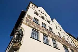 Germany, Bayern-Bavaria, Nuremberg. Hauptmarkt Square frescoes on Chamber of Commerce Building