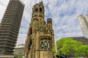 View From Below Prints: Germany, Berlin. Clock Tower. Remains of the Neo-Romanesque style