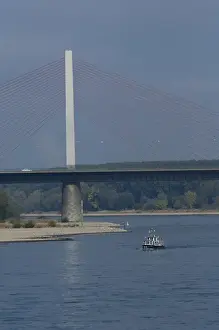Infrastructure Prints: Germany, Bonn. Rhine River views of the Bonn Bridge at mile marker 654