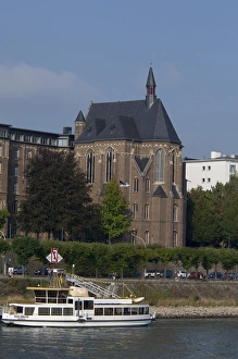 Germany, Bonn. Rhine River views of the Bonn pier, around mile marker 654