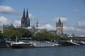 Riverfront Prints: Germany, Cologne (aka Koln). Rhine River views of the port of Cologne. View of Cologne
