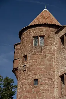 Germany, Franconia, Wertheim. Local redstone ruins of the 12th century Hohenburg Castle tower