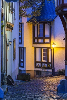 Hesse Prints: Germany, Hesse, Limburg an der Lahn, traditional half-timbered building, dawn