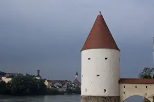 Germany, Passau. 13th Century medieval tower along the Inn River at Passau