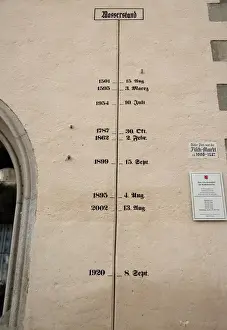 City Hall Prints: Germany, Passau. High water flood marker on the side wall of the Old Town Hall tower