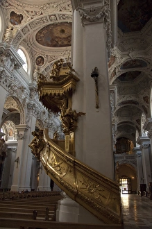 Images Dated 18th September 2009: Germany, Passau. St. Stevens Cathedral, baroque interior. Gold spiral staircase