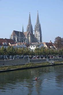 Riverfront Prints: Germany, Regensburg. Historic St. Peters Cathedral along the Danube River