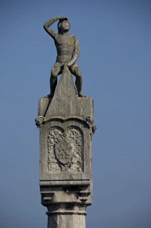 Coat Of Arms Prints: Germany, Regensburg. Historic Stone Bridge, bridge sculpture looking down the Danube