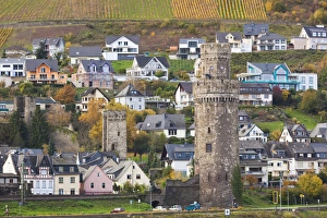 Rhein River Prints: Germany, Rheinland-Pfalz, Oberwesel, town wall watch tower by the Rhein River, autumn
