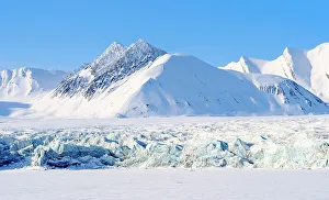 Icefall Prints: Glacier front of Fridtjovbreen and the frozen fjord Van Mijenfjorden