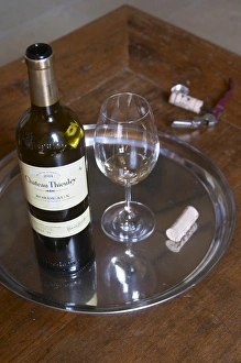 Entre Deux Mers Prints: A glass of white vintage 2004 with the bottle and the cork and corkscrew, Chateau