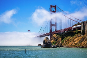 Prints of The Golden Gate Bridge surrounded by fog, San Francisco, California, USA Images Dated 2024 October: The Golden Gate Bridge surrounded by fog, San Francisco, California, USA