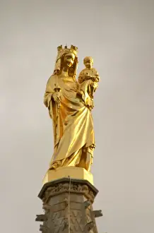 Church Tower Prints: A golden madonna and child on the church tower of cathedral in bordeaux, newly renovated