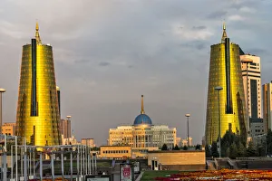 Cityscape Prints: Golden Towers and Ak Orda Presidential Palace in the middle, Astana, Kazakhstan