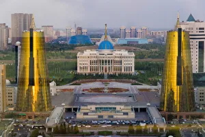 Golden Towers and Ak Orda Presidential Palace in the middle, Astana, Kazakhstan