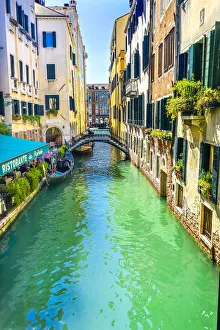 Venetian Prints: Gondola and tourist, Venice, Italy