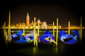 Watercraft Prints: Gondolas and San Giorgio Maggiore church at night, Piazza San Marco (St. Marks Square)
