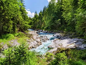 Prints of Gorge of creek Rissbach near village Vorderriss in the Karwendel Mountains. Europe, Germany, Bavaria Images Dated 2022 May: Gorge of creek Rissbach near village Vorderriss in the Karwendel Mountains