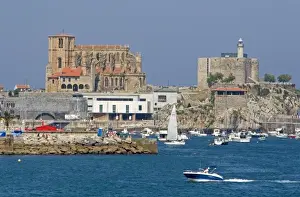 Sea Port Prints: Gothic style church of Santa Maria and castle lighthouse in the harbor of Castro Urdiales