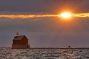 Grand Haven Prints: Grand Haven Lighthouse and pier at sunset, Grand Haven, Michigan