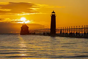Grand Haven Prints: Grand Haven Lighthouse at sunset on Lake Michigan, Grand Haven, Michigan