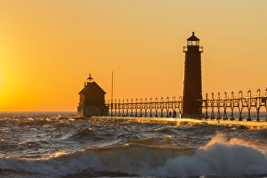 Copy Space Prints: Grand Haven South Pier Lighthouse at sunset on Lake Michigan, Ottawa County, Grand Haven
