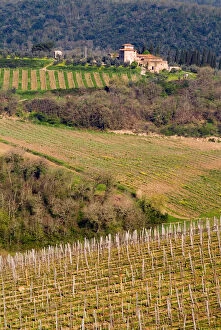 A grand stone winery stands above rolling vineyards in the Chianti area of Tuscany